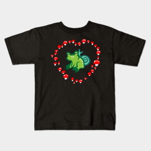 Red Mushroom Heart with Frog and Snail "Goblincore Snuggles" Kids T-Shirt